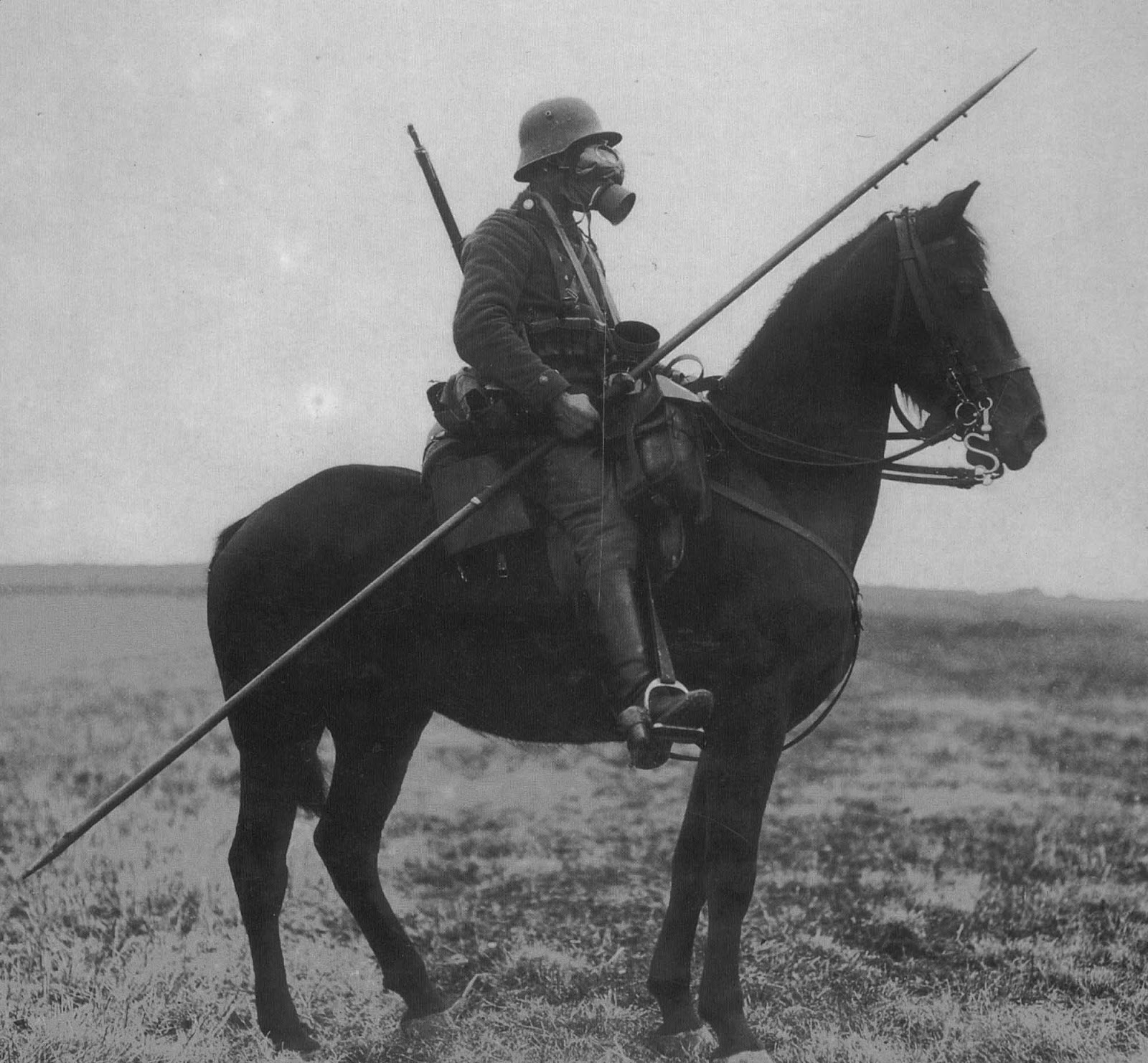 German cavalry patrol in gas masks and carrying lances, 1918 - Rare  Historical Photos